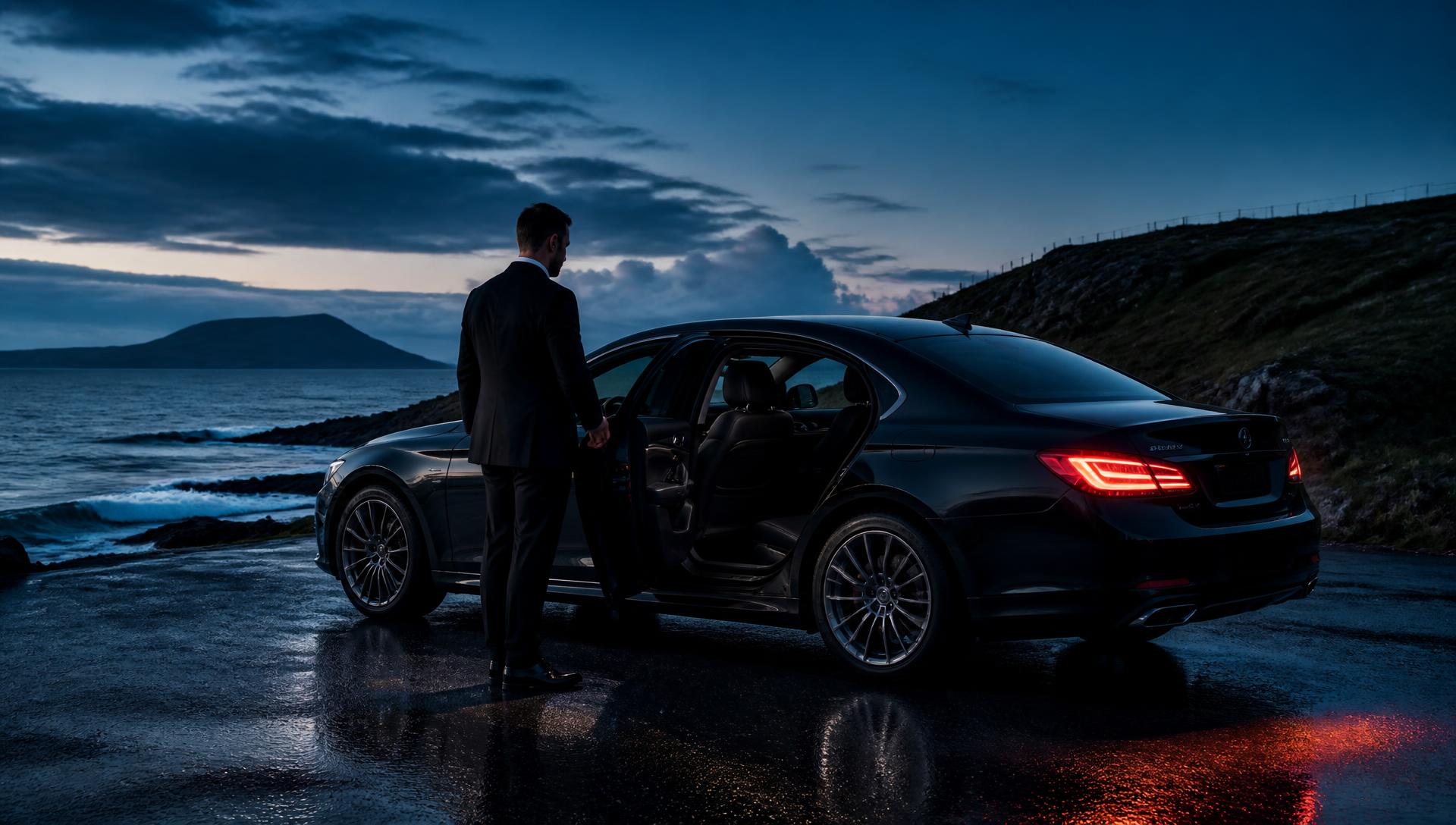 Chauffeur holding open the rear door of an executive car on a coastal road in the west of Ireland at dusk